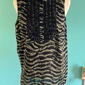 MICHAEL KORS Black/Olive Zebra Print Sleeveless Beaded Blouse Size Medium